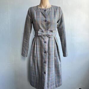 Vintage Women's XS Grey Pink Plaid Fall Trench Coat Bow Bowtie Coquette